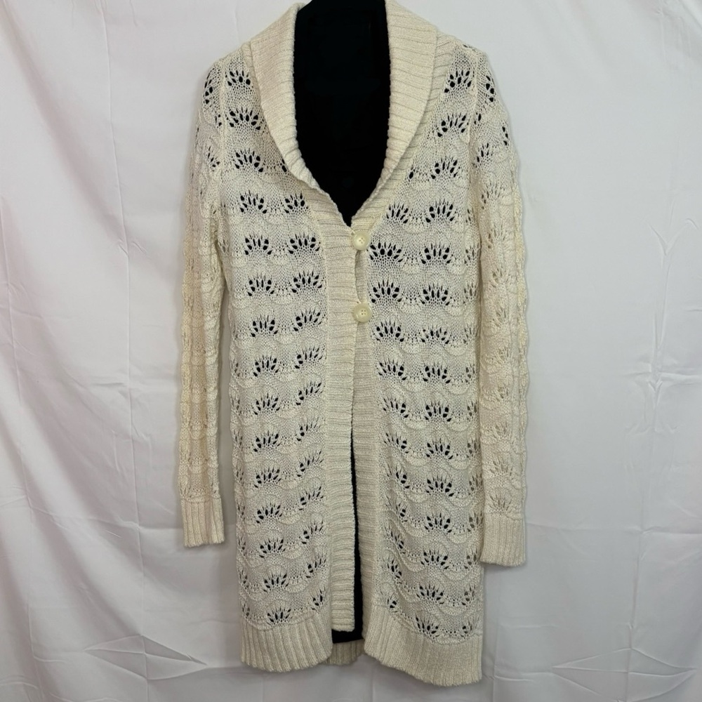 JVIM Ivory Open Knit Longline 2-Button Cardigan in Korean Size 85 (US XS/S)